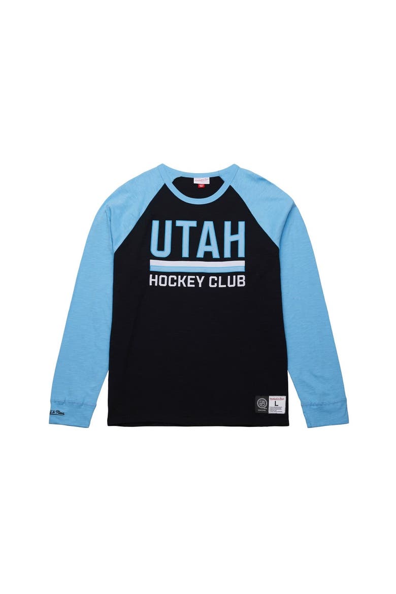 Men's Mitchell & Ness Black/Light Blue Utah Mammoth Legendary Slub Long Sleeve Raglan T-Shirt, Alternate, color, Black