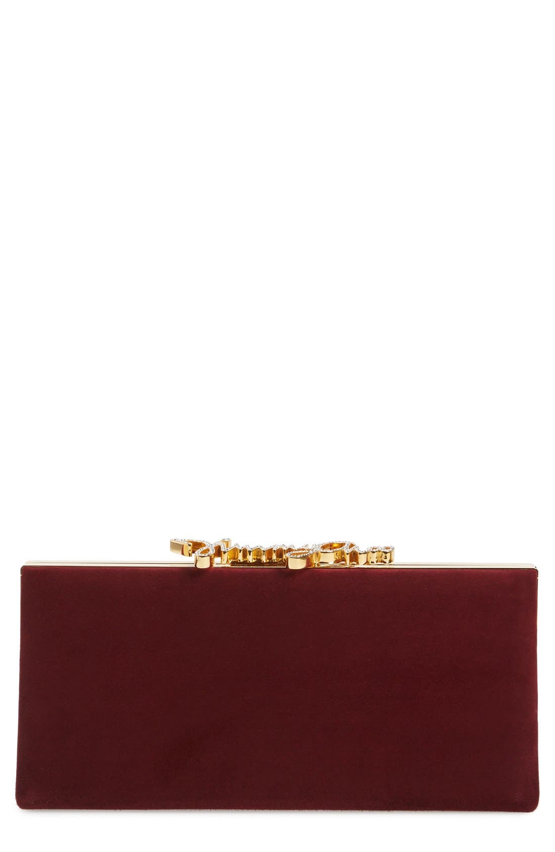 'Celeste' Logo Clasp Suede Clutch, Main, color, BORDEAUX