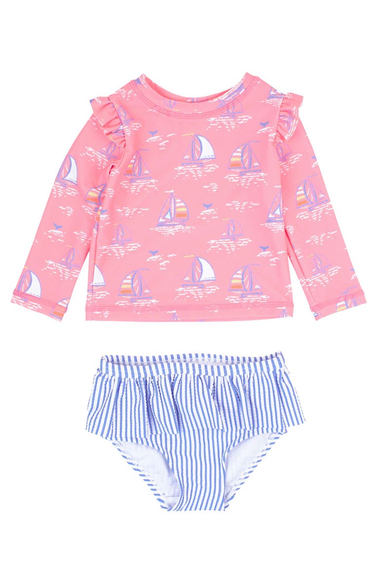 RuffleButts Baby/Toddler Girls UPF50+ Sun Protected Skirted Flutter Long Sleeve Rash Guard Bikini, Main, color, Pink Seas The Day