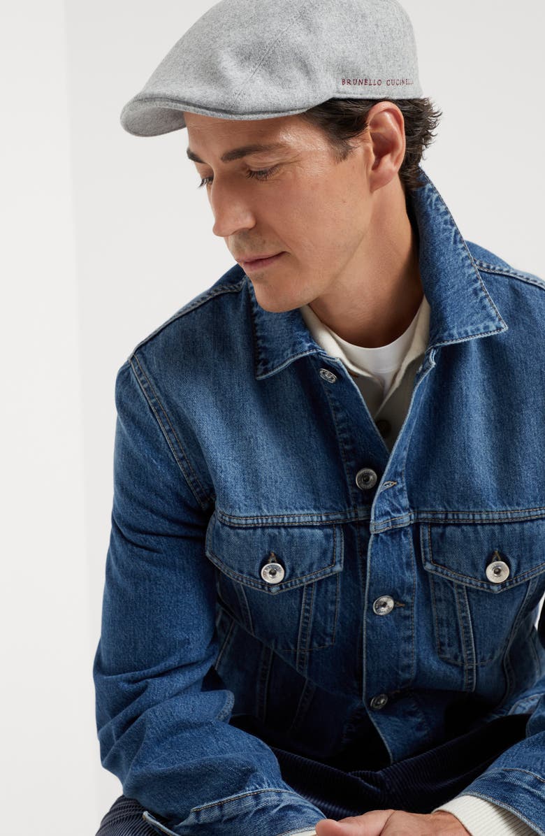 Brunello Cucinelli Virgin wool flannel flat cap with embroidery, Alternate, color, 