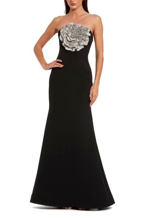 Strapless 3D Rhinestone Flower Detail Crepe Gown