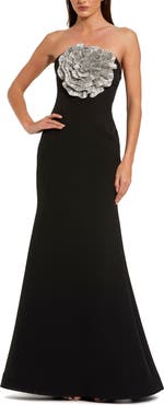 Mac Duggal Strapless 3D Rhinestone Flower Detail Crepe Gown