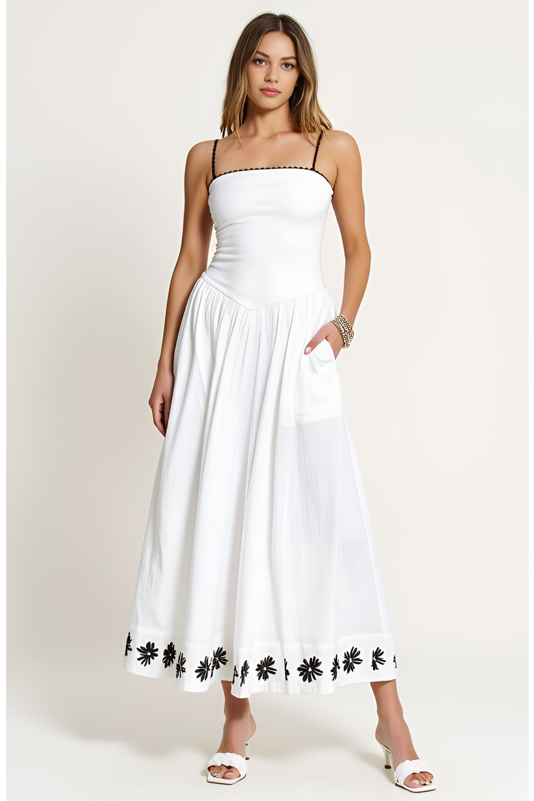 Strapless Embroidered Hem A-Line Dress with Corset Waist, Main, color, White / Black