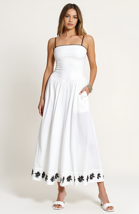 Strapless Embroidered Hem A-Line Dress with Corset Waist