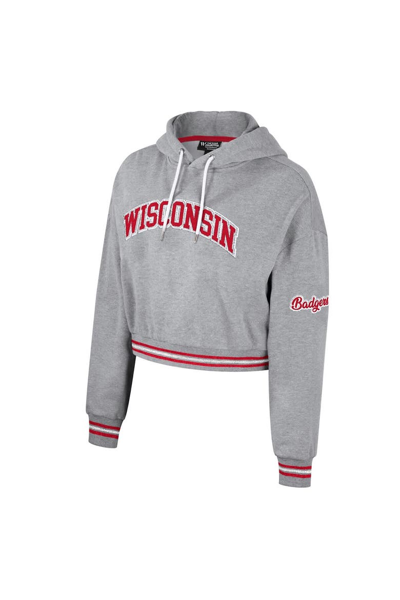 Women's The Wild Collective Heather Gray Wisconsin Badgers Cropped Shimmer Pullover Hoodie, Alternate, color, Heather Gray
