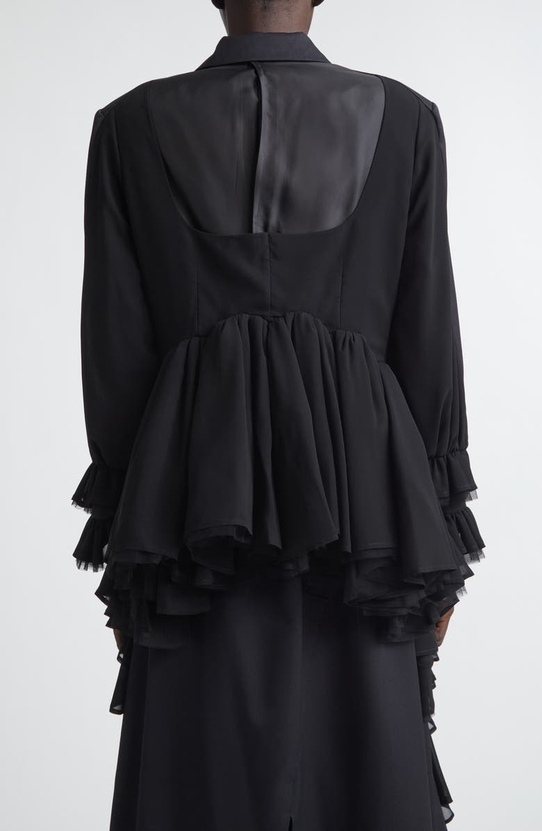 Noir Kei Ninomiya Single Breasted Wool Gabardine Blazer with Tulle Ruffles, Alternate, color, Black X Black