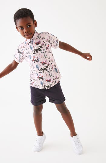 Kids' Floral Short Sleeve Linen Blend Button-Down Shirt & Stretch Cotton Shorts Set
