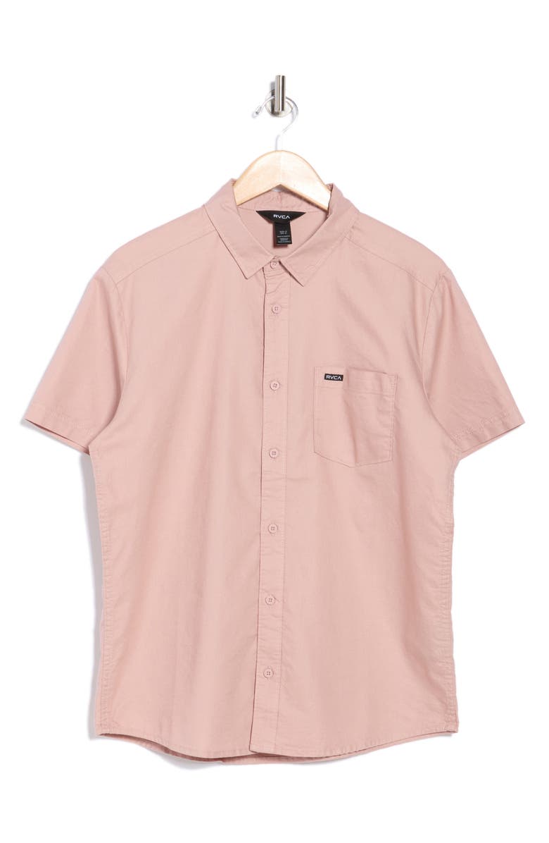 RVCA Douglas Solid Short Sleeve Cotton Button-Up Shirt, Alternate, color, Faded Rose