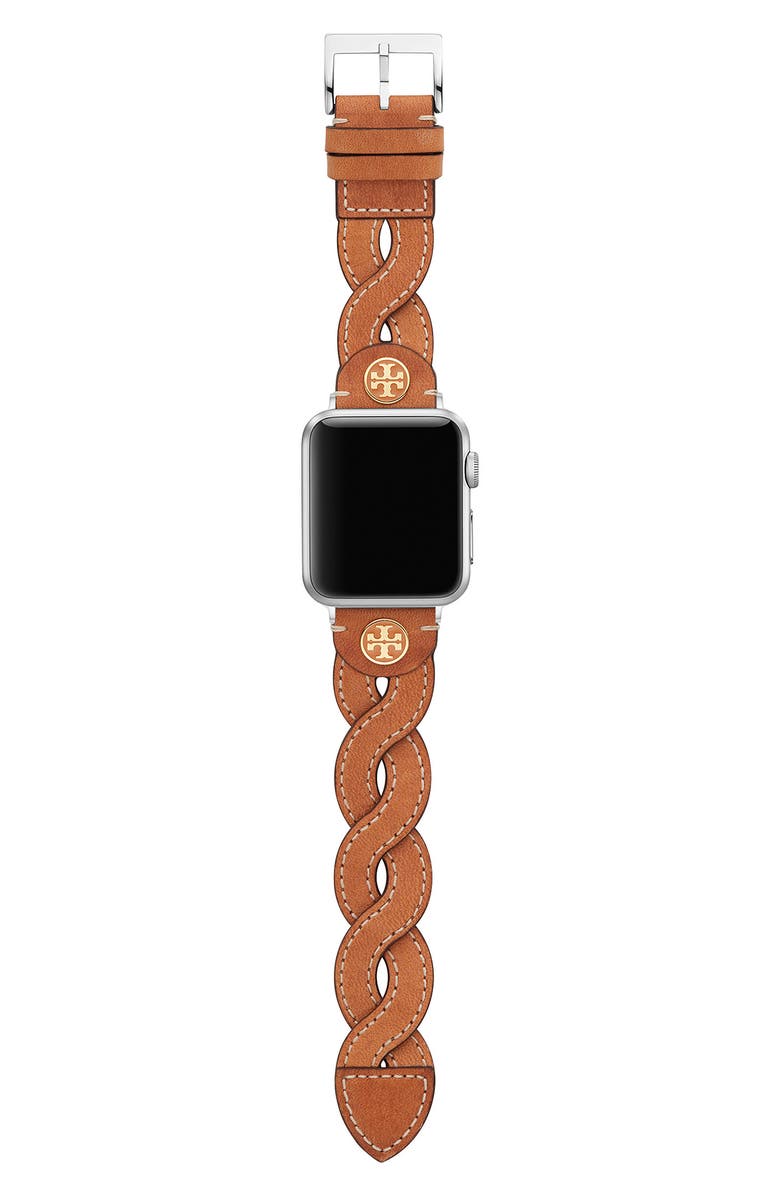 Tory Burch Braided Leather 20mm Apple Watch<sup>®</sup> Watchband, Alternate, color, Caramel