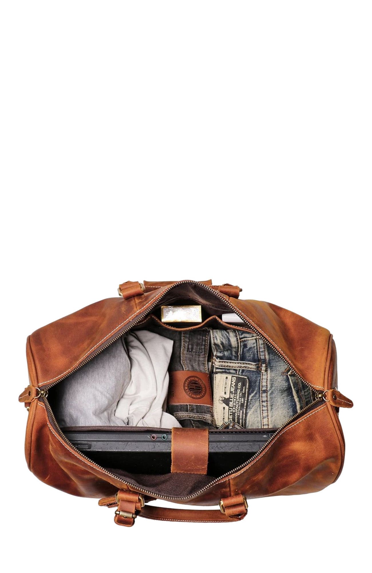 STEEL HORSE LEATHER The Brandt Weekender | Small Leather Duffle Bag, Alternate, color, Brown