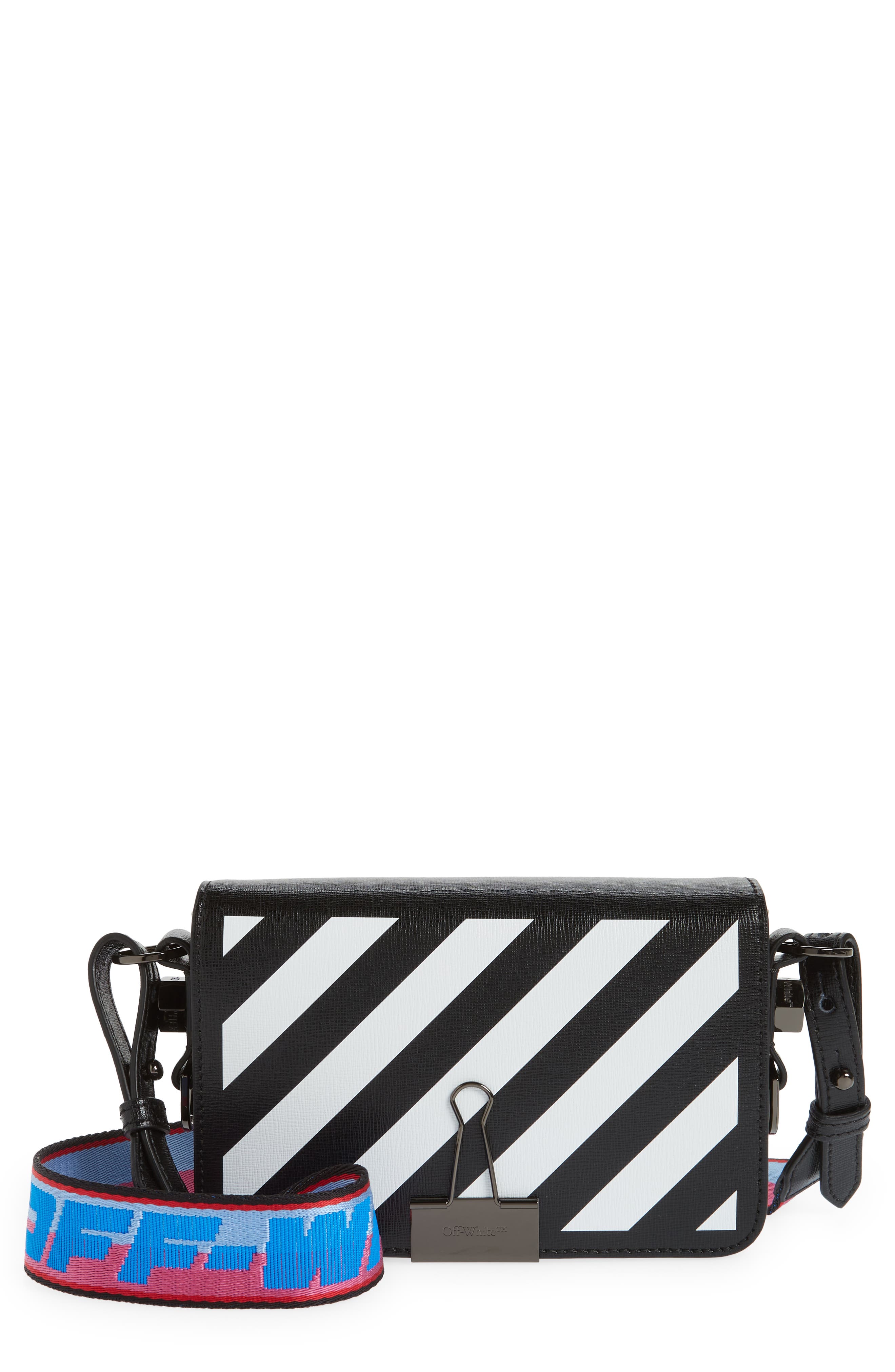 Off-White Mini Binder Clip Diagonal Stripe Saffiano Leather Crossbody Bag, Main, color, 