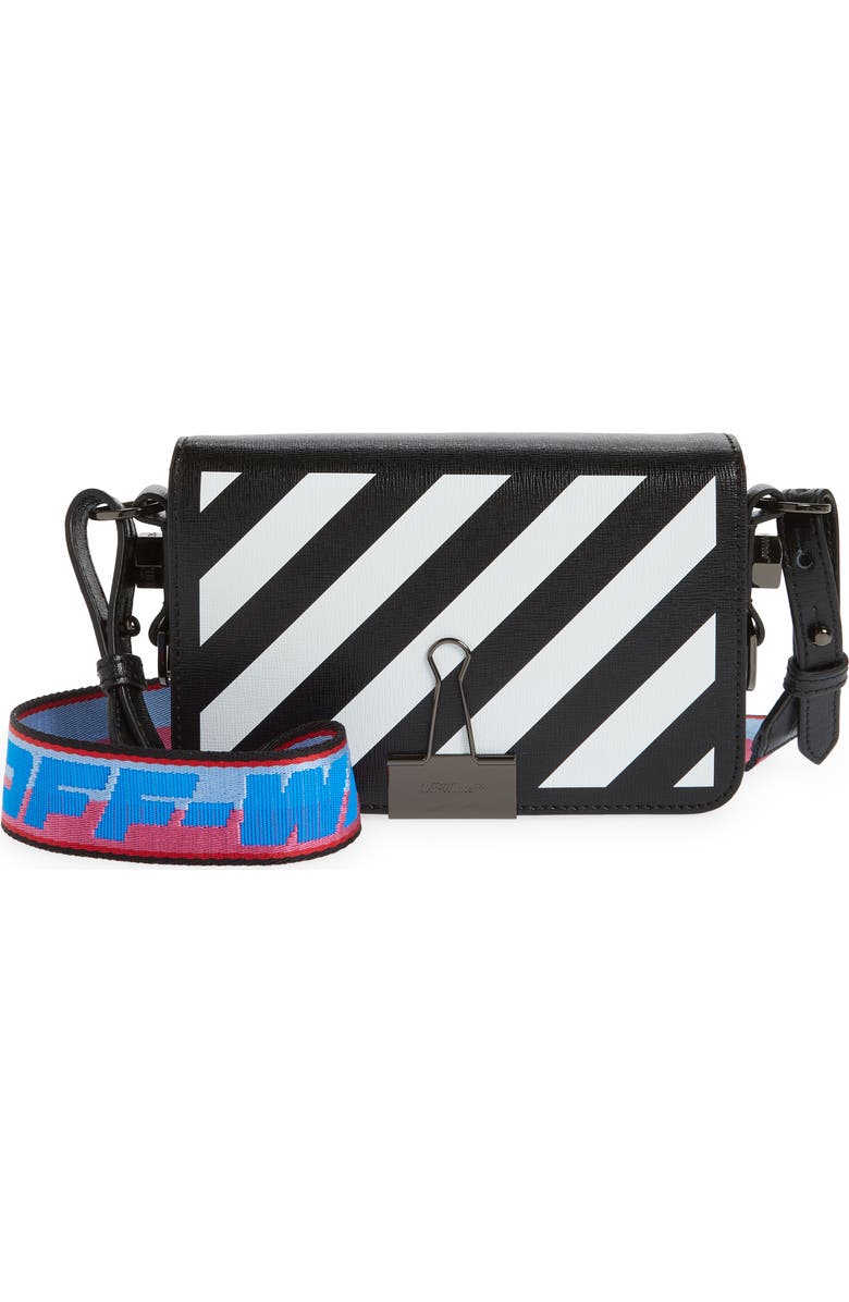 Off-White Mini Binder Clip Diagonal Stripe Saffiano Leather Crossbody Bag, Main, color,