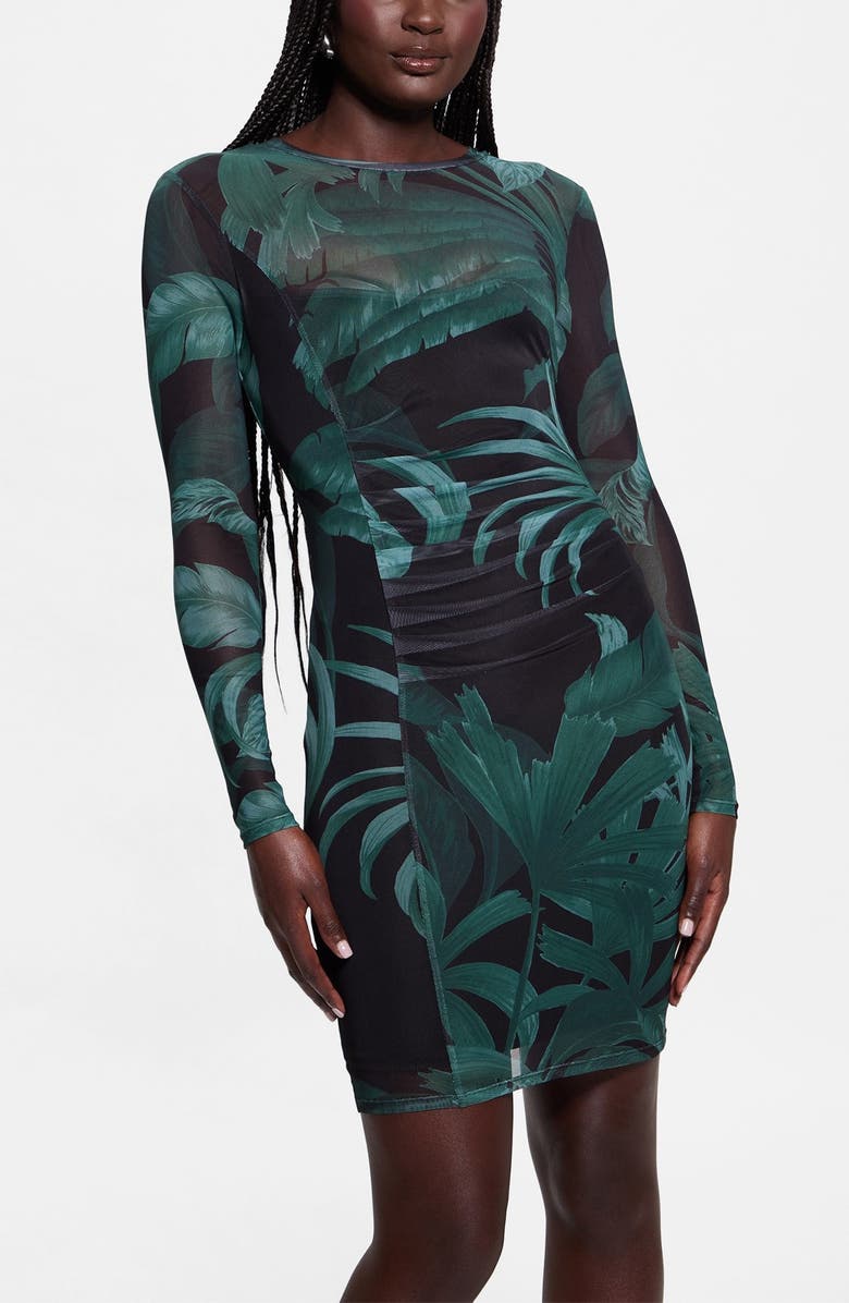 GUESS Millie Palm Print Long Sleeve Mesh Minidress, Alternate, color,