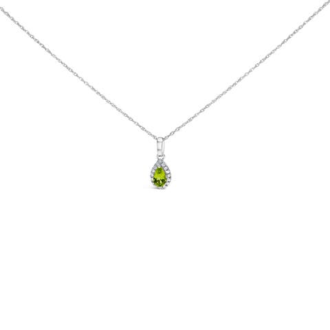 10K White Gold 5x3mm Gemstone and Diamond Accent Halo Pear Shape 18" Pendant Necklace