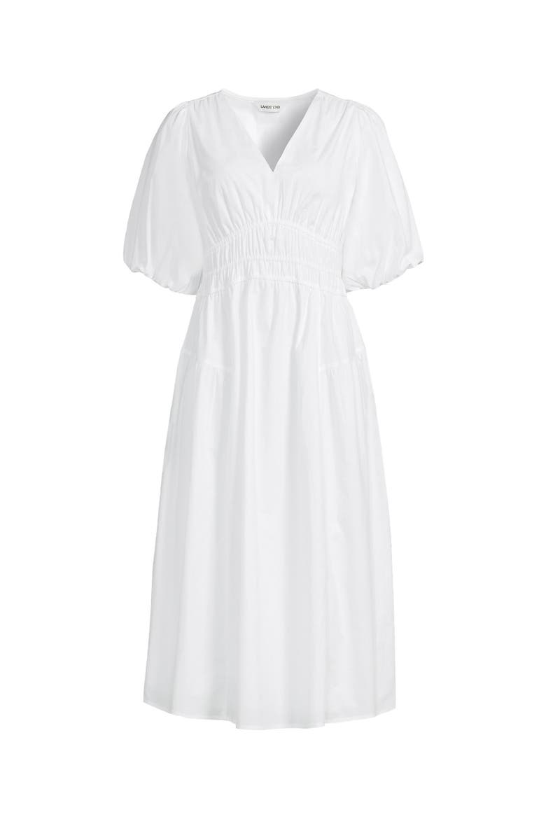 Puff Sleeve Smocked Waist V Neck Dress, Alternate, color, White