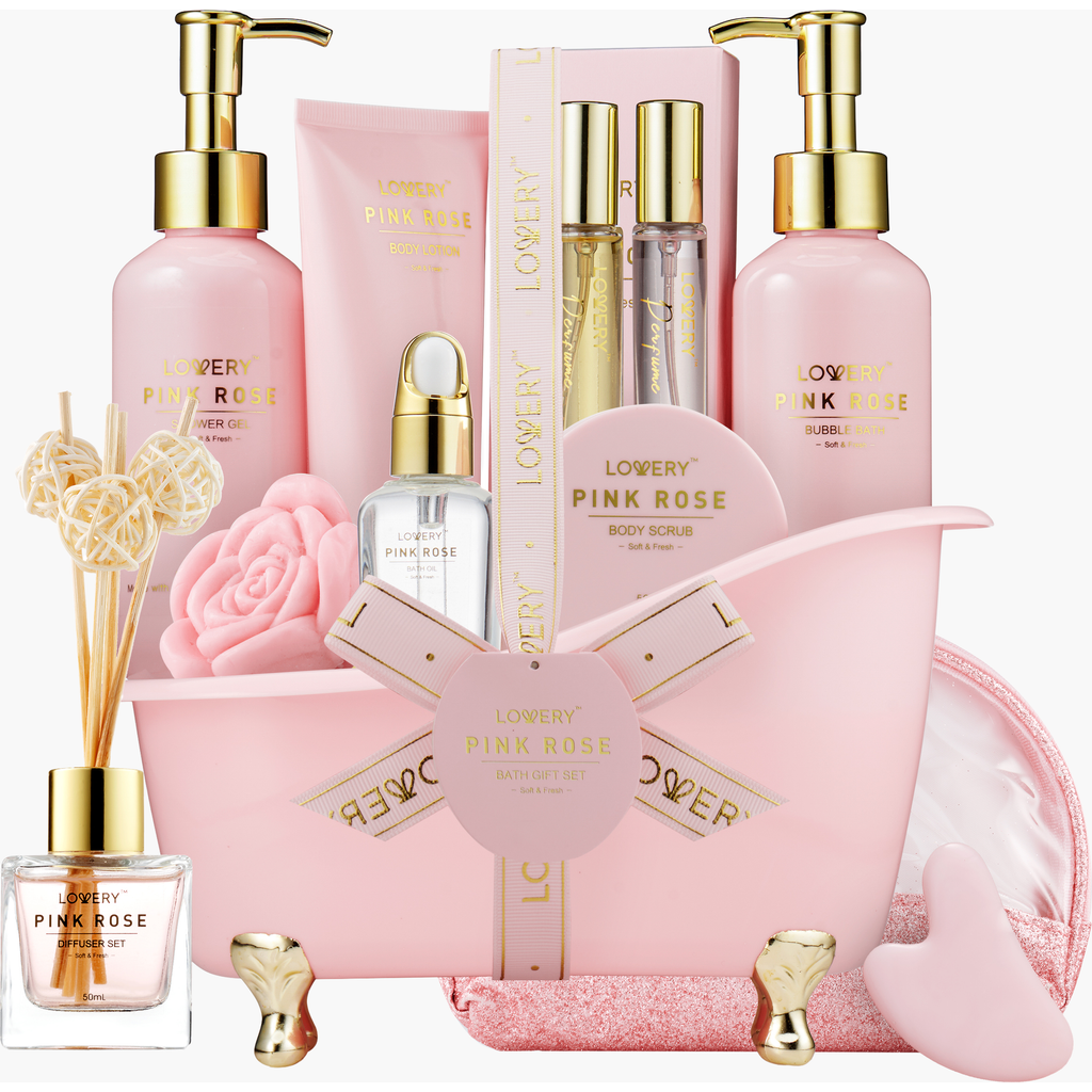 Lovery Luxury Spa Kit, 18pc Relaxing Basket With Perfumes, Gua Sha And More In Pink Rose