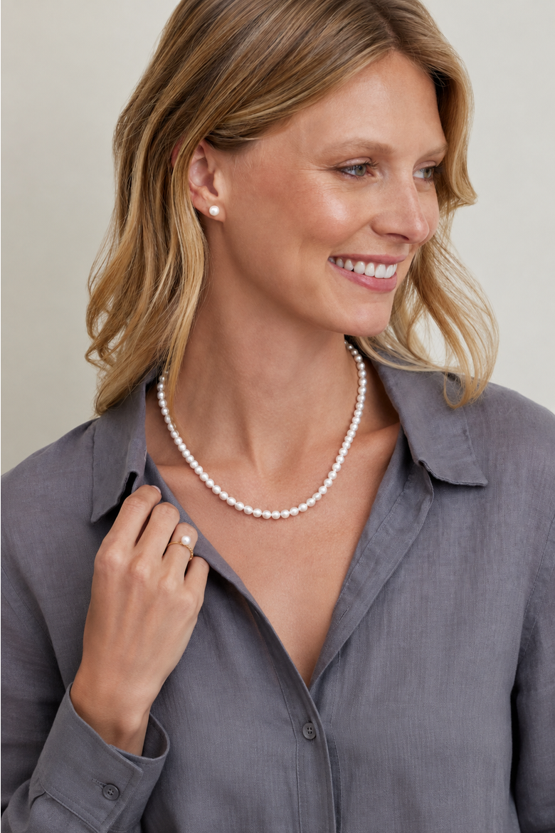 7.0-7.5mm Japanese Akoya White Pearl Necklace - AAA Quality, Alternate, color, Yellow Gold Clasp