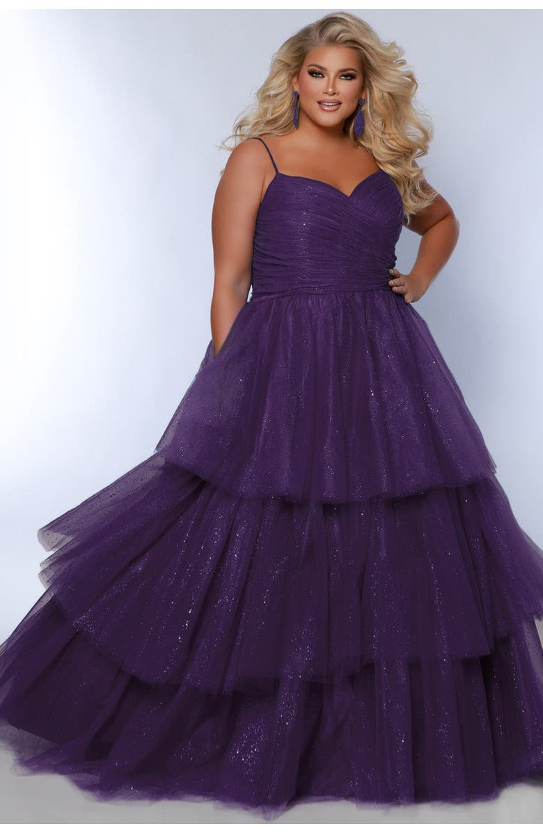 Sydney's Closet Spaghetti Strap Teired Plus Size Ballgown, Alternate, color, Purple
