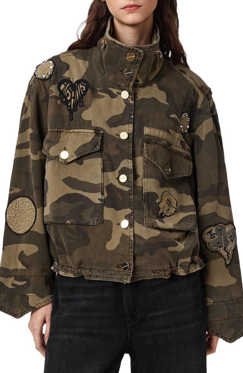 AllSaints Patch Detail Camo Print Cotton Jacket, Main, color, Camo Green