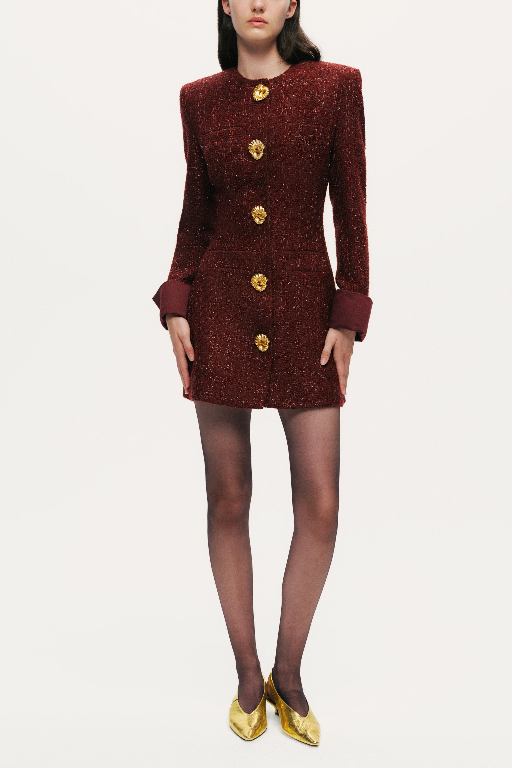 Gold-Button Boucle Mini Dress