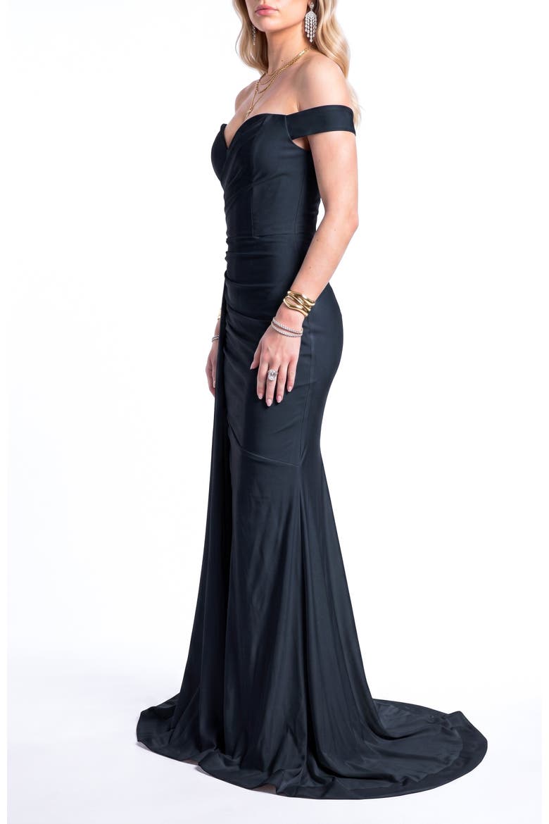 Off Shoulder Draped Side Slit Evening Gown, Alternate, color, Black
