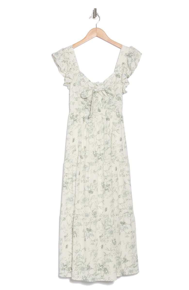 AUGUST SKY Smocked Bow Detail Midi Dress, Alternate, color, Sage Multi