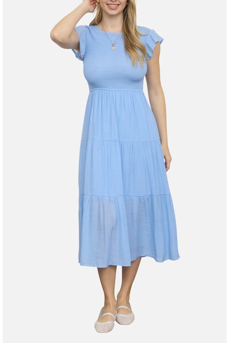 Smocked Cap Sleeve Tiered Midi Dress, Main, color, LIGHT CHAMBRAY