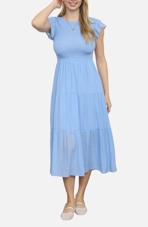 Smocked Cap Sleeve Tiered Midi Dress