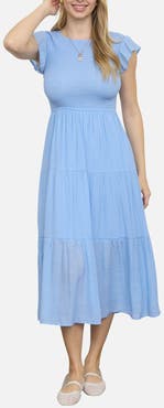 Blu Pepper Smocked Cap Sleeve Tiered Midi Dress