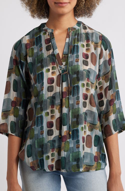 Apny Print Tassel Split Neck Chiffon Top In Blue/white Multi