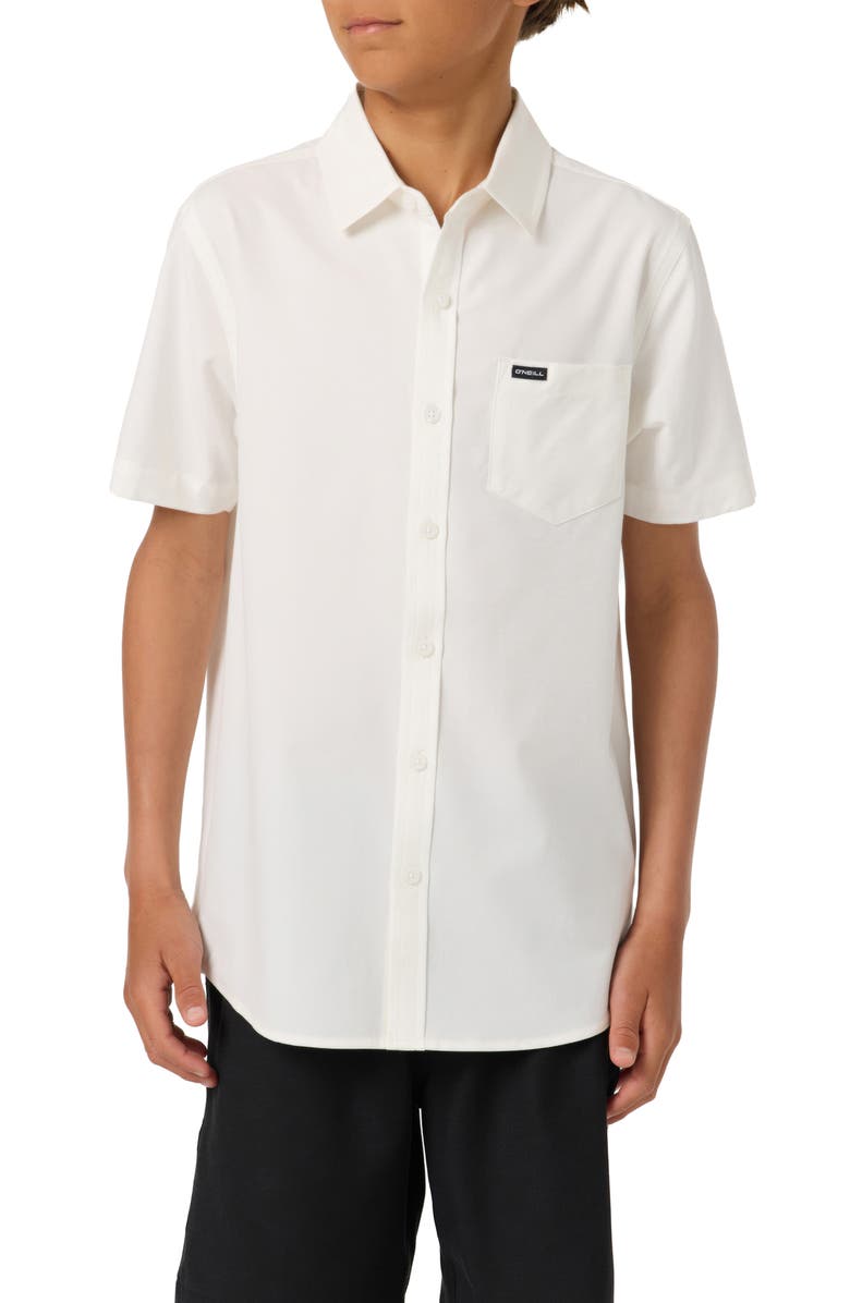O'Neill Kids' Solid Short Sleeve Stretch Twill Button-Up Shirt, Main, color, White