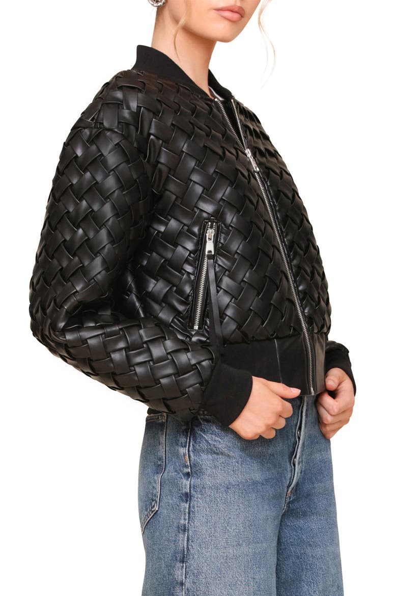 Weave Crop Faux Leather Bomber Jacket, Alternate, color, BLACK