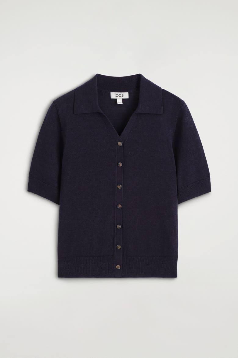 Knitted Linen-merino Short-sleeved Shirt, Alternate, color, NAVY