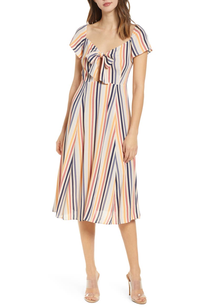Tie Front A-Line Dress, Main, color, BEIGE TENDER STRIPE