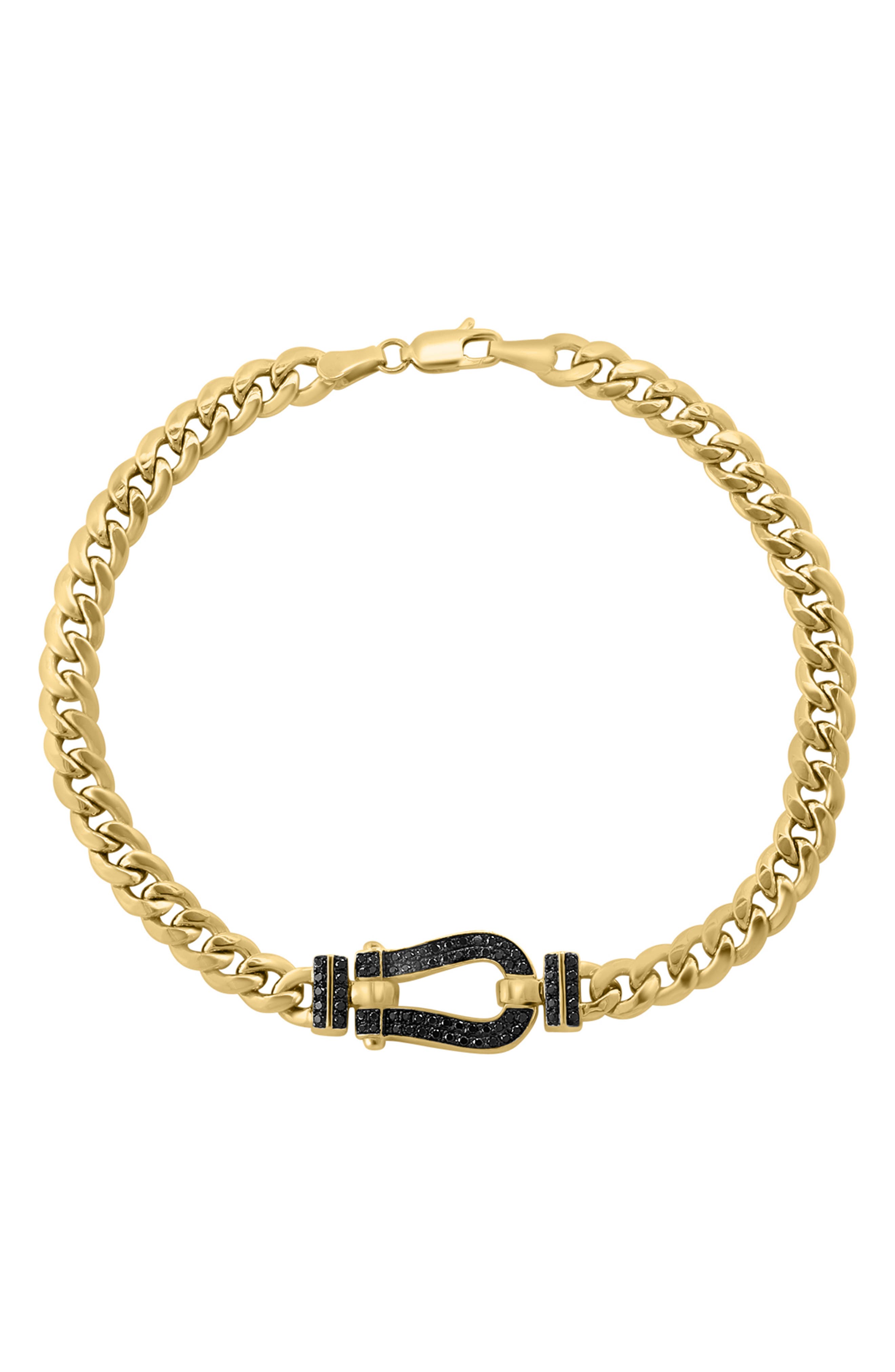 14k Gold Plated Sterling Silver Black Diamond Horseshoe Curb Chain Bracelet