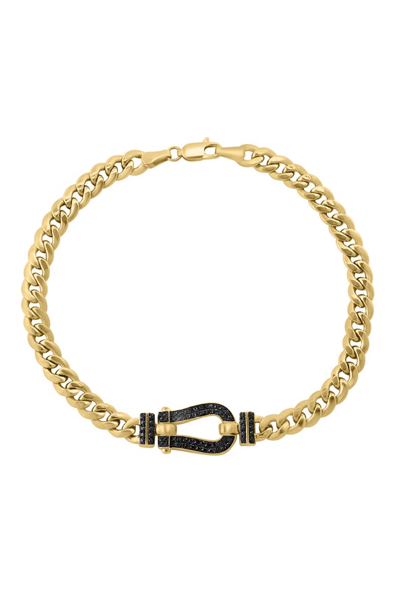 14k Gold Plated Sterling Silver Black Diamond Horseshoe Curb Chain Bracelet, Main, color, GOLD