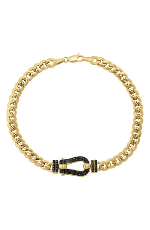 14k Gold Plated Sterling Silver Black Diamond Horseshoe Curb Chain Bracelet