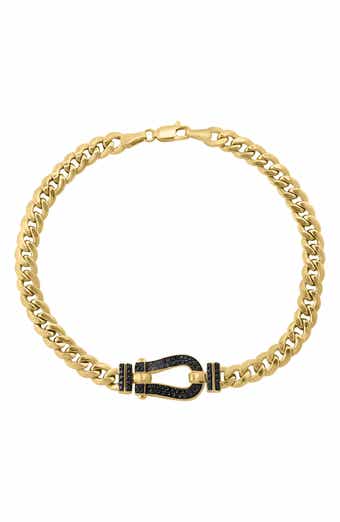 14k Gold Plated Sterling Silver Black Diamond Horseshoe Curb Chain Bracelet