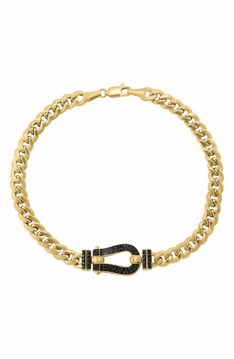 14k Gold Plated Sterling Silver Black Diamond Horseshoe Curb Chain Bracelet