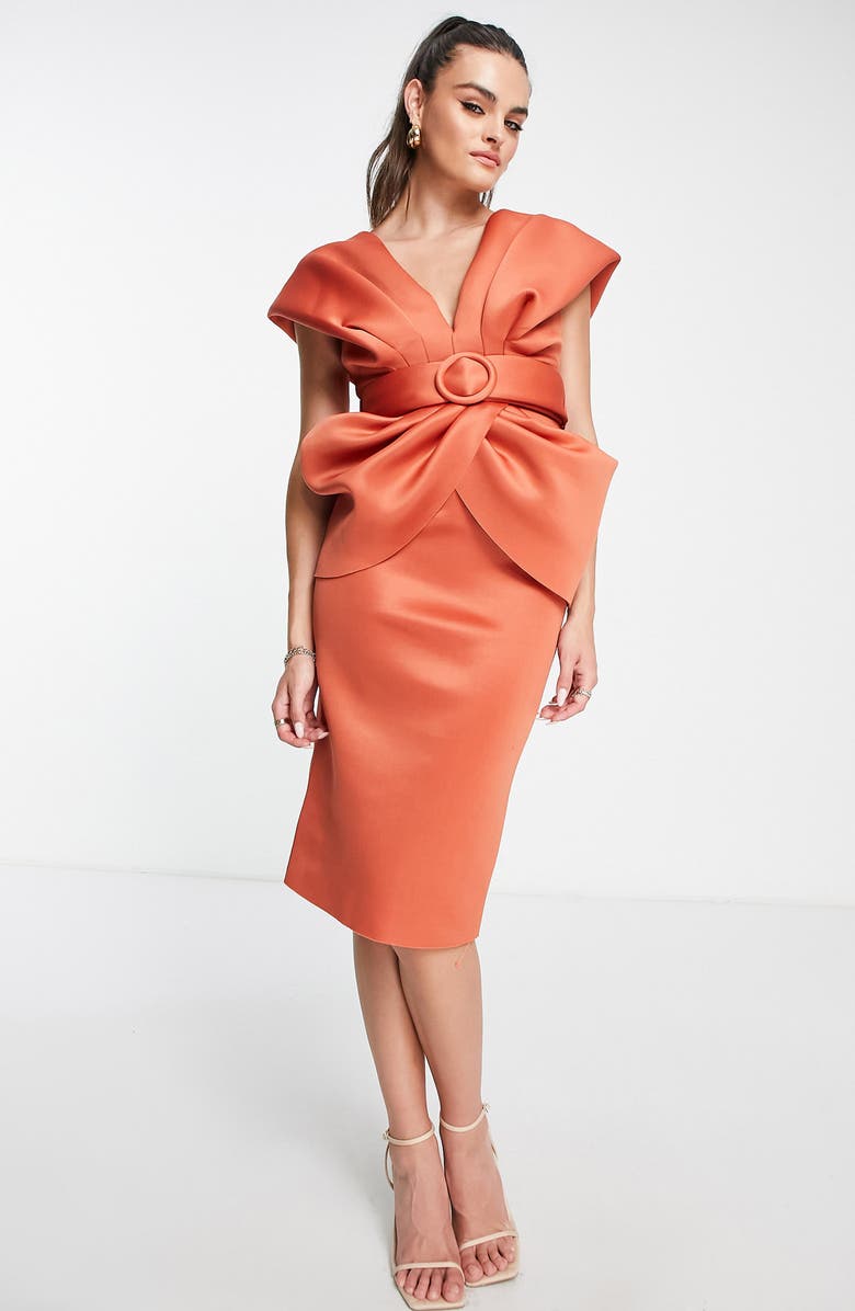 ASOS DESIGN Cap Sleeve Belted Satin Midi Dress, Main, color, 