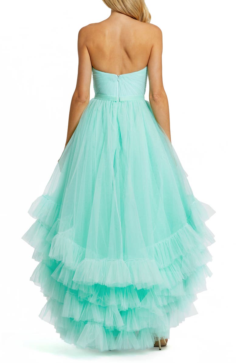 Mac Duggal Strapless Ruched Sweetheart Ruffle High Low Gown, Alternate, color, Aqua