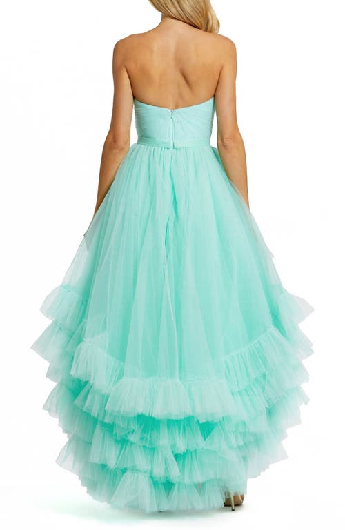 Mac Duggal Strapless Ruched Sweetheart Ruffle High Low Gown In Aqua