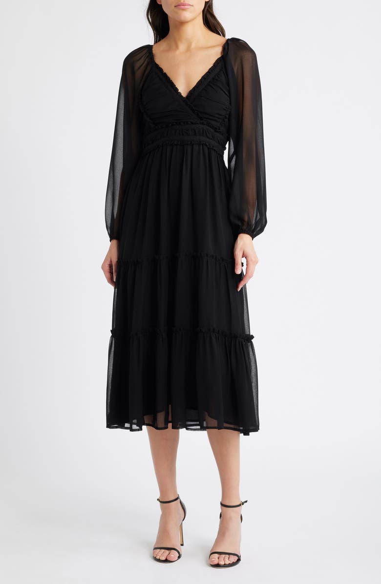 bebe Lace-Up Back Long Sleeve Chiffon Midi Dress, Main, color, Black