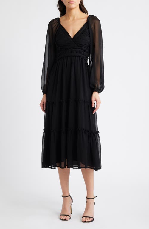 bebe Lace-Up Back Long Sleeve Chiffon Midi Dress in Black 