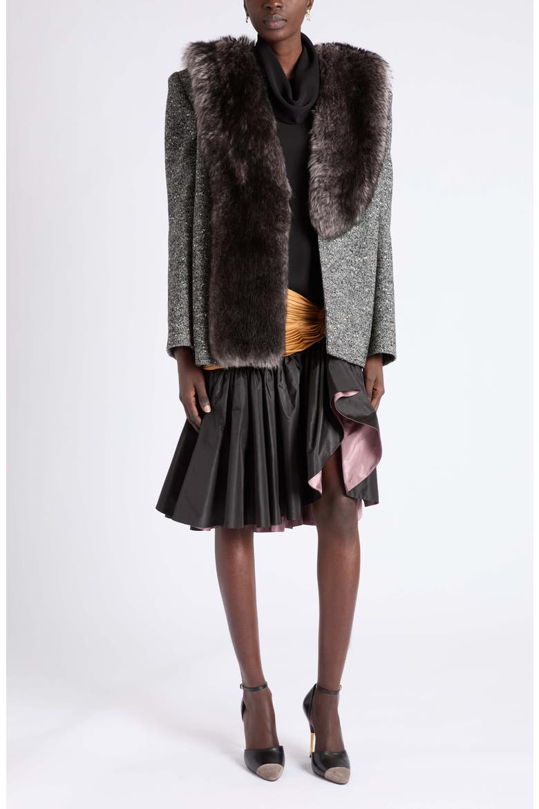Chevron Genuine Shearling Collar Jacket, Main, color, BLACK/ WHITE