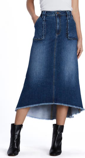 【U LAN】belt point washing denim skirt Women's Button Front Long Denim Skirt High Waisted Washed