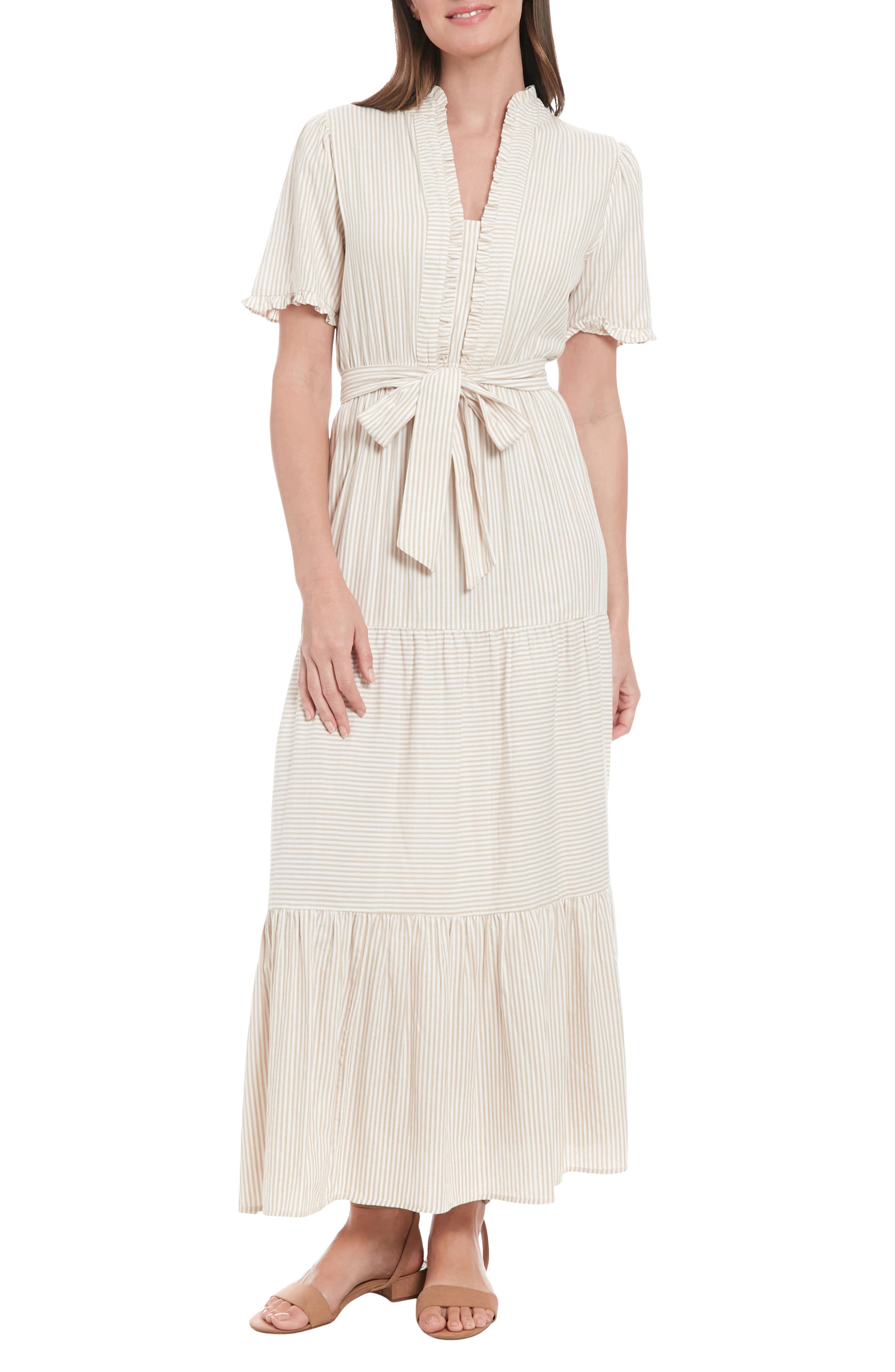 London Times Stripe Short Sleeve Cotton Seersucker Maxi Dress