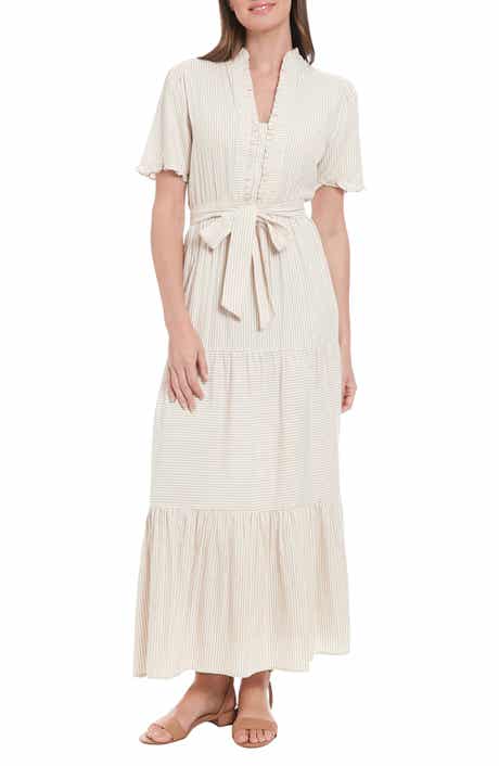 London Times Stripe Short Sleeve Cotton Seersucker Maxi Dress