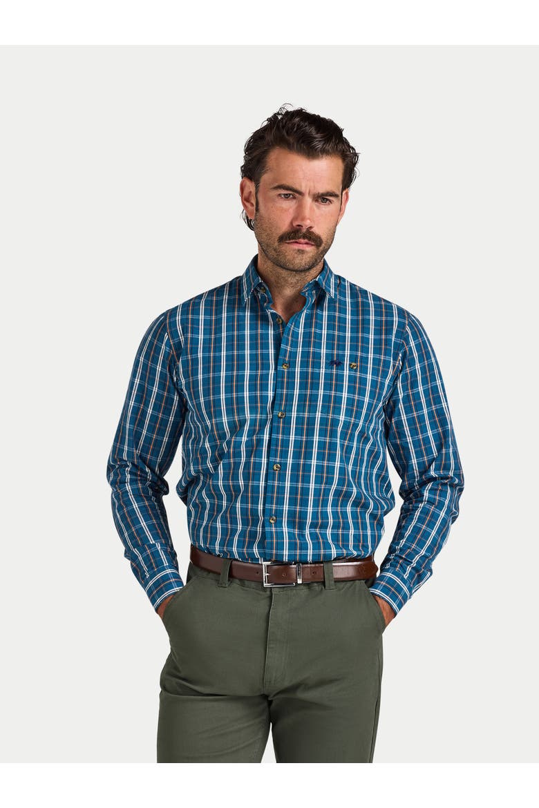 Long Sleeve Check Cotton Poplin Shirt, Main, color, Petrol