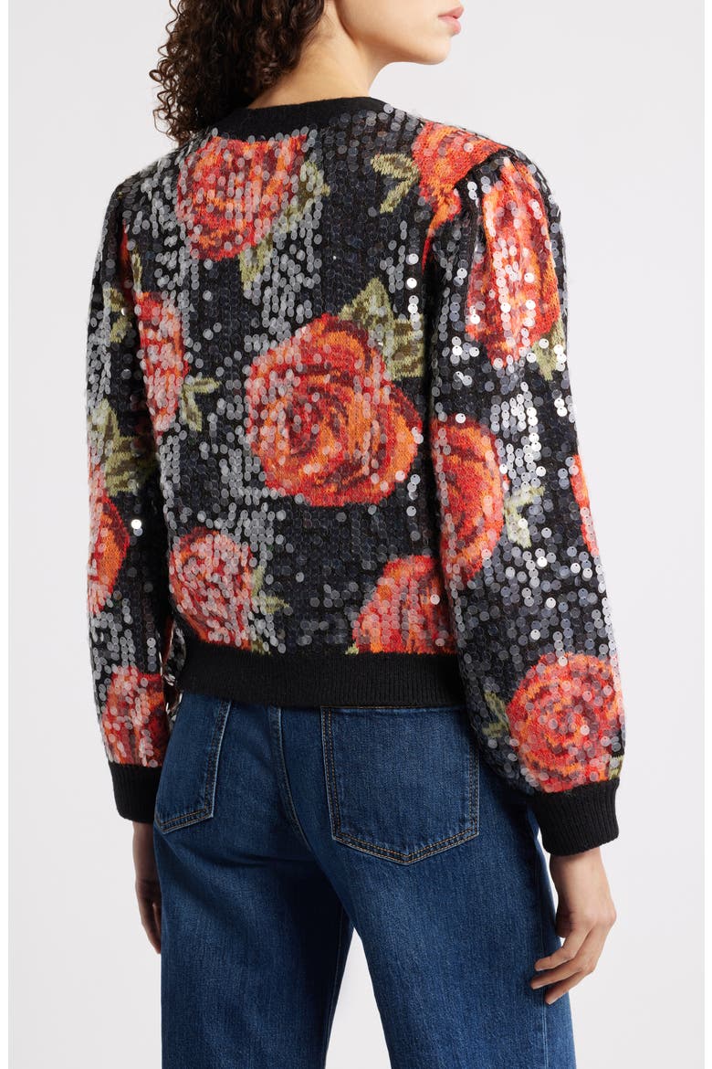 Latin Roses Sequin Knit Cardigan, Alternate, color, BLACK